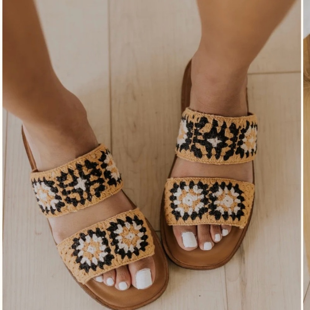 Free People Juliet Crochet Strap Slides with Floral Design in the color Wheat - Picture 4 of 10